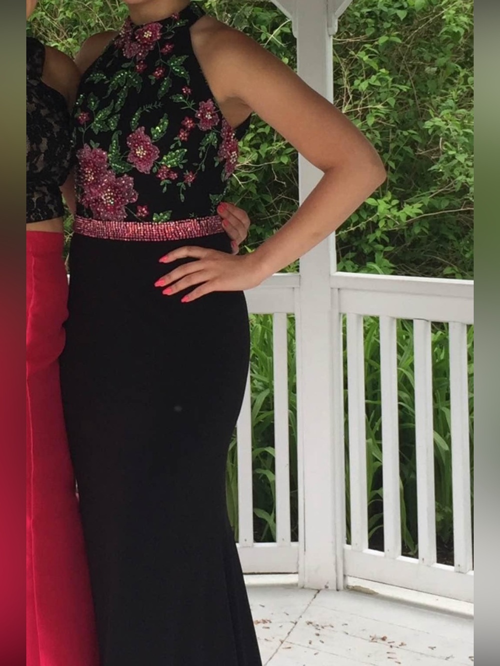 JVN by Jovani Black Open-Back Gown with Floral Embellished Bodice